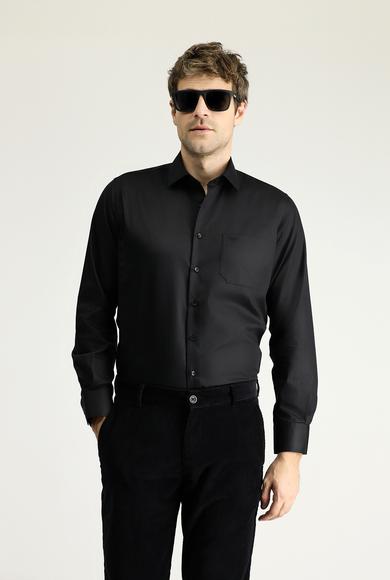 Erkek Giyim - SİYAH 5X Beden Uzun Kol Klasik Non Iron Saten Pamuklu Gömlek