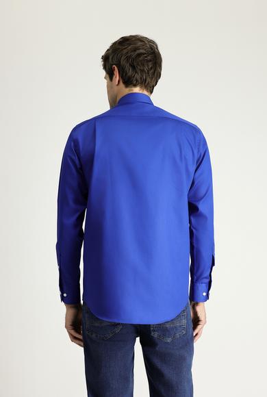 Erkek Giyim - SAKS MAVİ S Beden Uzun Kol Klasik Non Iron Saten Pamuklu Gömlek