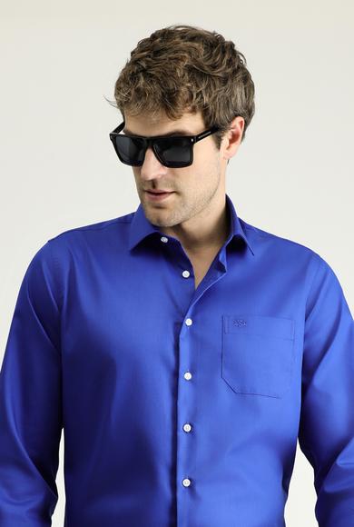 Erkek Giyim - SAKS MAVİ S Beden Uzun Kol Klasik Non Iron Saten Pamuklu Gömlek