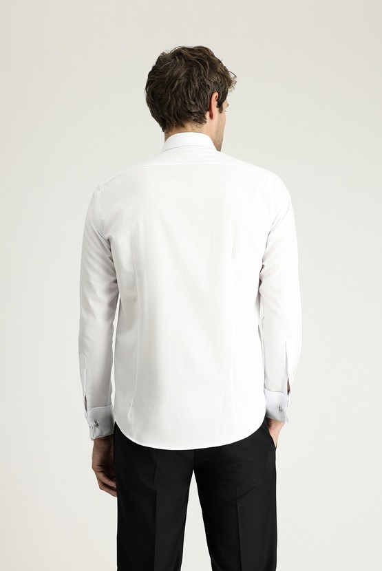 Erkek Giyim - Uzun Kol Slim Fit Dar Kesim Klasik Manşetli Pamuk Gömlek