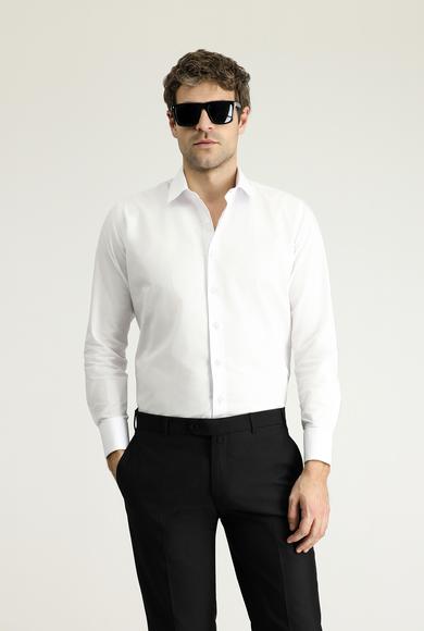 Erkek Giyim - BEYAZ M Beden Uzun Kol Slim Fit Dar Kesim Klasik Manşetli Pamuk Gömlek