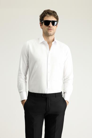 Erkek Giyim - BEYAZ M Beden Uzun Kol Slim Fit Dar Kesim Klasik Manşetli Pamuk Gömlek
