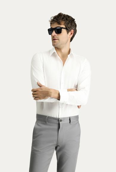 Erkek Giyim - BEYAZ L Beden Uzun Kol Slim Fit Dar Kesim Klasik Non Iron Desenli Pamuklu Gömlek