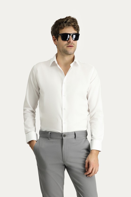 Erkek Giyim - Uzun Kol Slim Fit Dar Kesim Klasik Non Iron Desenli Pamuklu Gömlek
