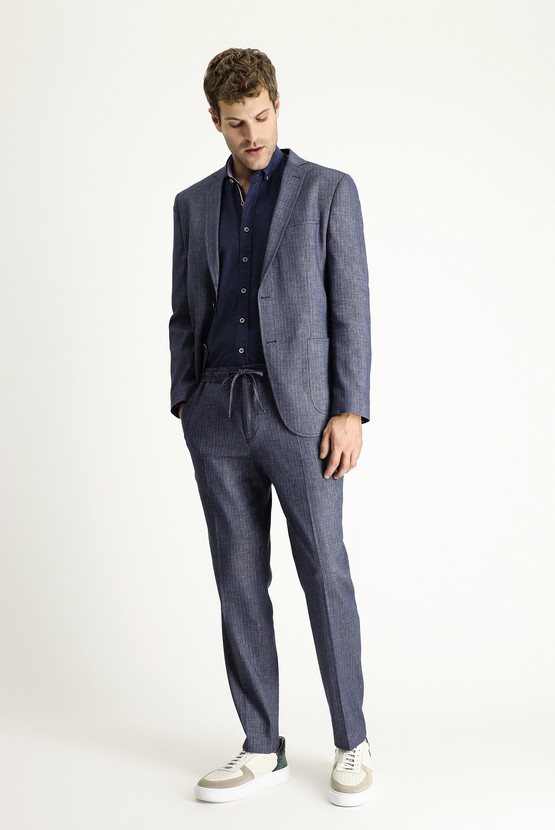 Erkek Giyim - Super Slim Fit Ekstra Dar Kesim Beli Lastikli İpli Desenli Keten Takım Elbise