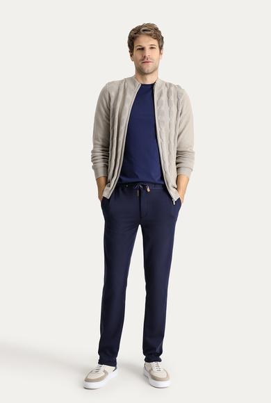 Erkek Giyim - KOYU LACİVERT 56 Beden Regular Fit Beli Lastikli İpli Çizgili Likralı Pantolon