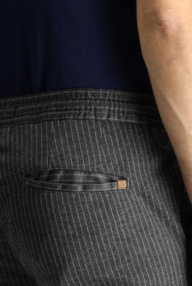 Erkek Giyim - KOYU FÜME 58 Beden Regular Fit Beli Lastikli İpli Çizgili Likralı Pantolon