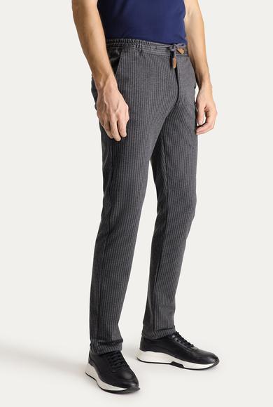 Erkek Giyim - KOYU FÜME 58 Beden Regular Fit Beli Lastikli İpli Çizgili Likralı Pantolon