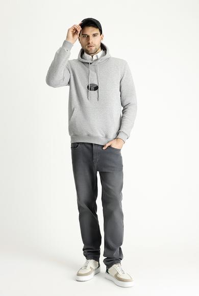 Erkek Giyim - AÇIK GRİ MELANJ XXL Beden Kapüşonlu Baskılı Pamuklu Sweatshirt