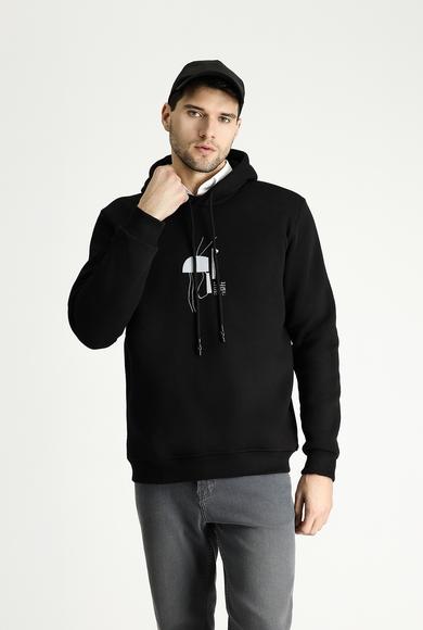 Erkek Giyim - SİYAH XXL Beden Kapüşonlu Baskılı Pamuklu Sweatshirt
