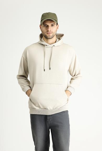 Erkek Giyim - AÇIK VİZON XL Beden Kapüşonlu Oversize Pamuklu Sweatshirt
