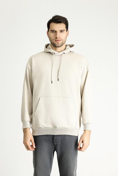 Erkek Giyim - AÇIK VİZON XL Beden Kapüşonlu Oversize Pamuklu Sweatshirt