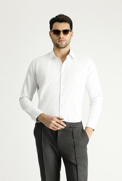 Erkek Giyim - BEYAZ M Beden Uzun Kol Slim Fit Dar Kesim Klasik Desenli Pamuklu Gömlek