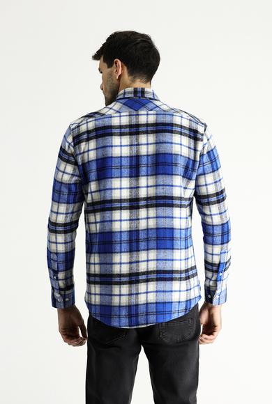 Erkek Giyim - AÇIK MAVİ L Beden Uzun Kol Slim Fit Dar Kesim Oduncu Ekose Pamuklu Gömlek