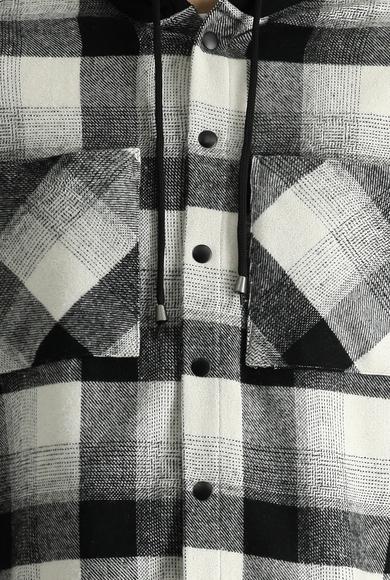 Erkek Giyim - SİYAH 4X Beden Kapüşonlu Oversize Ekose Shacket Oduncu Pamuklu Gömlek / Mont