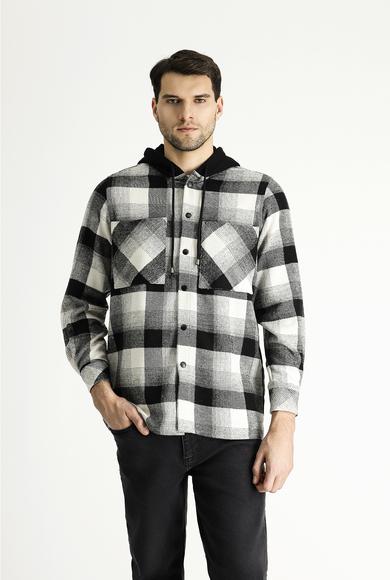 Erkek Giyim - SİYAH 4X Beden Kapüşonlu Oversize Ekose Shacket Oduncu Pamuklu Gömlek / Mont
