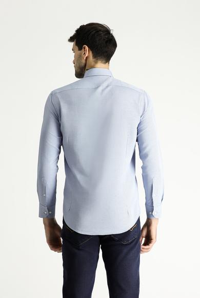 Erkek Giyim - MAVİ L Beden Uzun Kol Slim Fit Dar Kesim Baskılı Pamuklu Gömlek