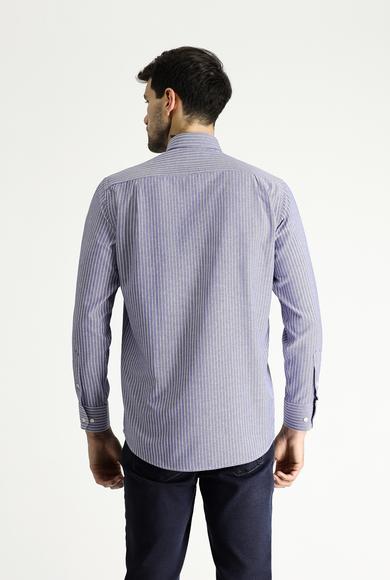 Erkek Giyim - MAVİ M Beden Uzun Kol Regular Fit Çizgili Pamuklu Gömlek