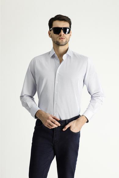 Erkek Giyim - KOYU MAVİ XL Beden Uzun Kol Klasik Çizgili Pamuklu Gömlek