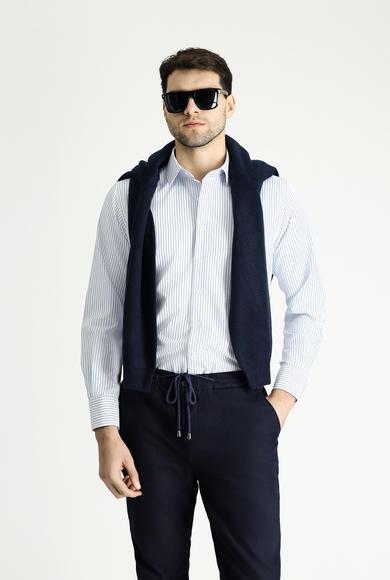 Erkek Giyim - AÇIK MAVİ L Beden Uzun Kol Klasik Çizgili Pamuklu Gömlek