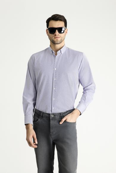 Erkek Giyim - KOYU MAVİ 4X Beden Uzun Kol Regular Fit Çizgili Pamuklu Gömlek
