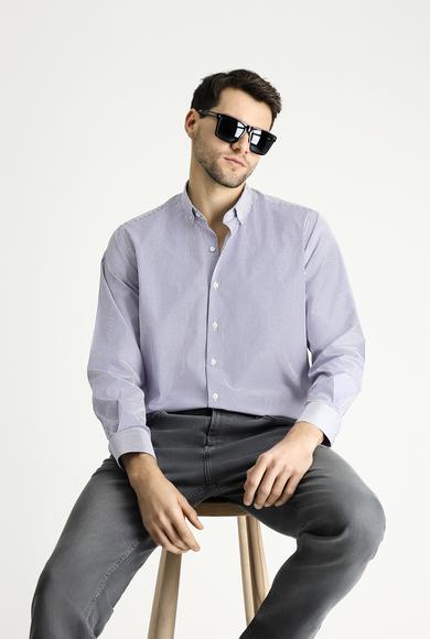 Erkek Giyim - KOYU MAVİ 4X Beden Uzun Kol Regular Fit Çizgili Pamuklu Gömlek