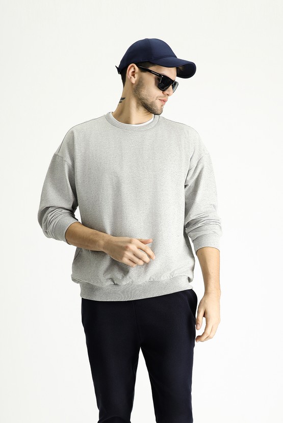 Erkek Giyim - Bisiklet Yaka Oversize Pamuklu Sweatshirt