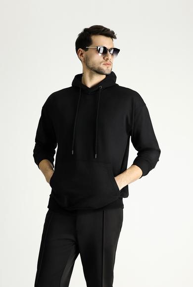 Erkek Giyim - SİYAH 5X Beden Kapüşonlu Oversize Pamuklu Sweatshirt