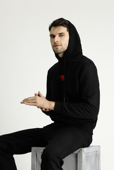 Erkek Giyim - SİYAH XL Beden Kapüşonlu Nakışlı Pamuklu Sweatshirt