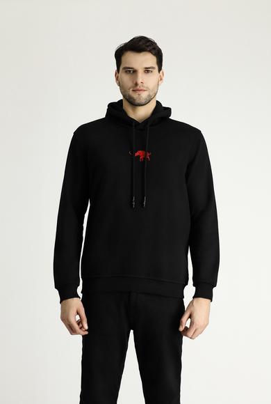 Erkek Giyim - SİYAH XL Beden Kapüşonlu Nakışlı Pamuklu Sweatshirt