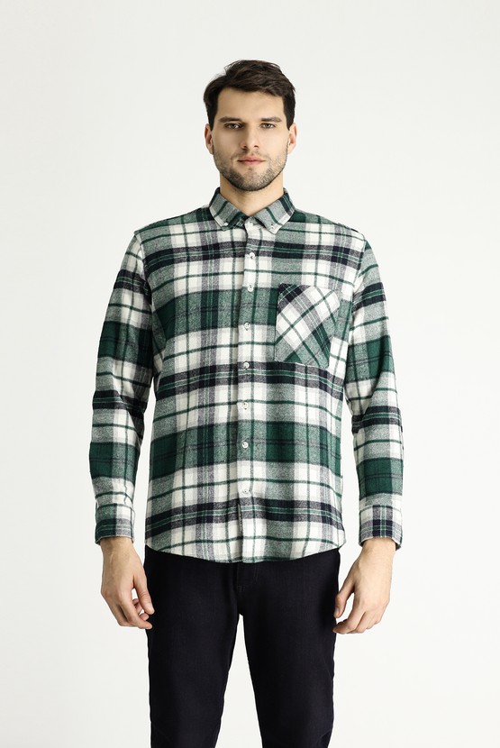 Erkek Giyim - Uzun Kol Slim Fit Dar Kesim Oduncu Ekose Pamuklu Gömlek