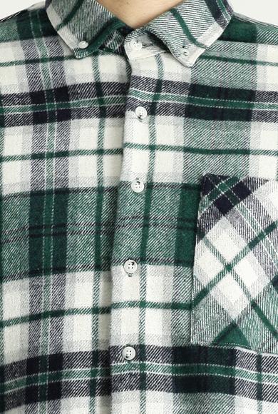 Erkek Giyim - ÇİMEN YEŞİLİ M Beden Uzun Kol Slim Fit Dar Kesim Oduncu Ekose Pamuklu Gömlek