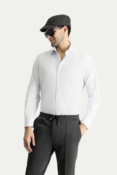 Erkek Giyim - KOYU MAVİ M Beden Uzun Kol Klasik Çizgili Pamuklu Gömlek