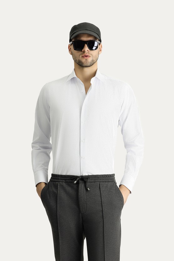 Erkek Giyim - Uzun Kol Klasik Çizgili Pamuklu Gömlek
