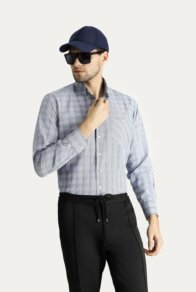 Erkek Giyim - AÇIK MAVİ L Beden Uzun Kol Regular Fit Ekose Pamuklu Gömlek