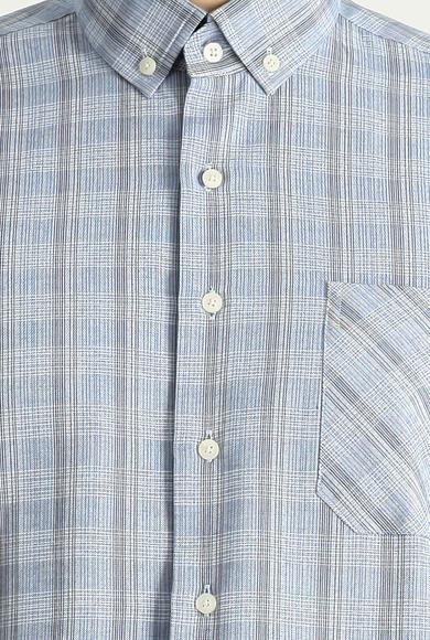 Erkek Giyim - AÇIK MAVİ L Beden Uzun Kol Regular Fit Ekose Pamuklu Gömlek