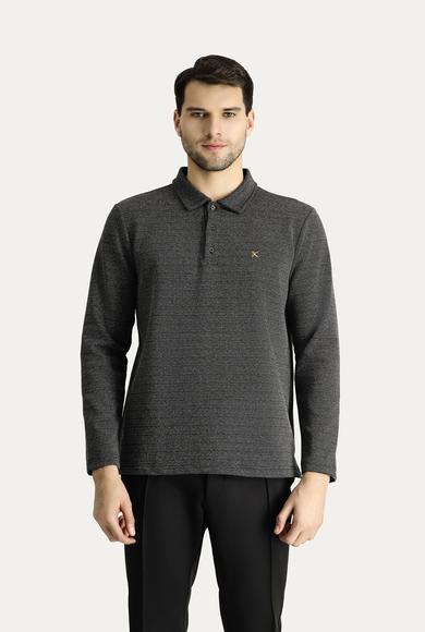 Erkek Giyim - SİYAH L Beden Polo Yaka Desenli Nakışlı Sweatshirt