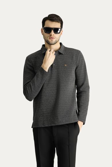 Erkek Giyim - SİYAH L Beden Polo Yaka Desenli Nakışlı Sweatshirt