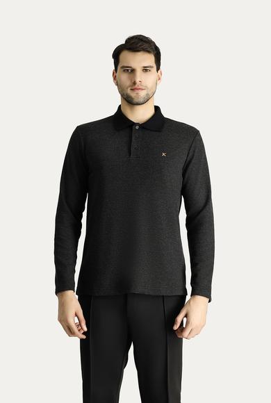Erkek Giyim - ORTA ANRASİT MELANJ 4X Beden Polo Yaka Desenli Nakışlı Sweatshirt