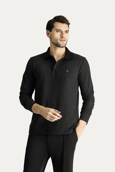 Erkek Giyim - ORTA ANRASİT MELANJ 4X Beden Polo Yaka Desenli Nakışlı Sweatshirt