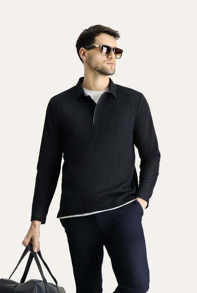 Erkek Giyim - LACİVERT 3X Beden Polo Yaka Desenli Nakışlı Sweatshirt
