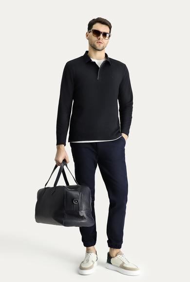 Erkek Giyim - LACİVERT 3X Beden Polo Yaka Desenli Nakışlı Sweatshirt