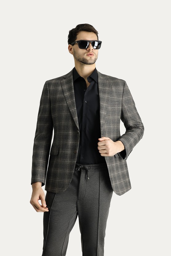 Erkek Giyim - Slim Fit Dar Kesim Yünlü Klasik Ekose Ceket
