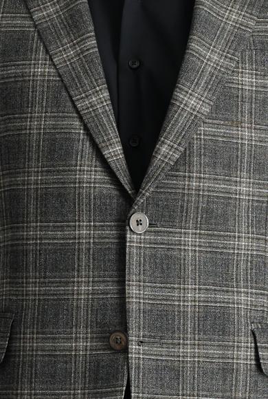 Erkek Giyim - ORTA ANTRASİT 54 Beden Slim Fit Dar Kesim Yünlü Klasik Ekose Ceket