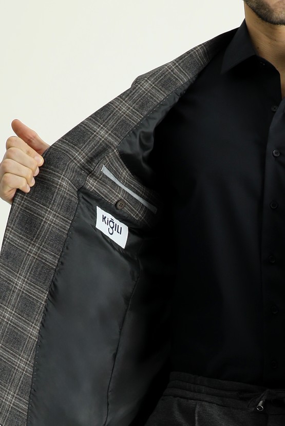 Erkek Giyim - Slim Fit Dar Kesim Yünlü Klasik Ekose Ceket