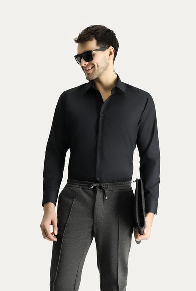 Erkek Giyim - SİYAH L Beden Uzun Kol Slim Fit Dar Kesim Non Iron Ütü Gerektirmeyen Pamuklu Gömlek