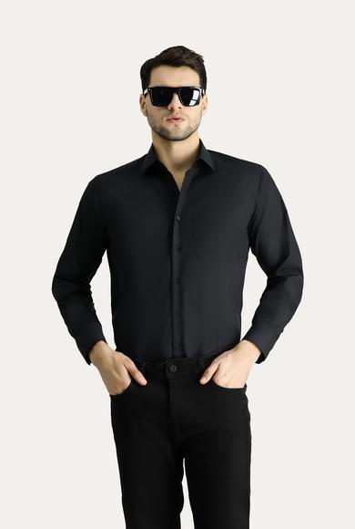 Erkek Giyim - SİYAH XXL Beden Uzun Kol Regular Fit Non Iron Ütü Gerektirmeyen Pamuklu Gömlek