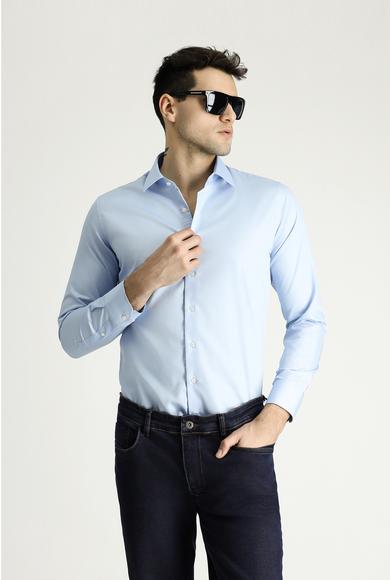 Erkek Giyim - UÇUK MAVİ L Beden Uzun Kol Slim Fit Dar Kesim Non Iron Saten Pamuklu Gömlek