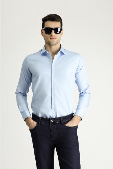 Erkek Giyim - UÇUK MAVİ L Beden Uzun Kol Slim Fit Dar Kesim Non Iron Saten Pamuklu Gömlek