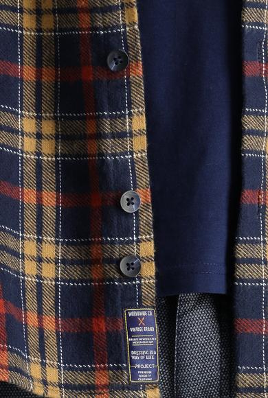 Erkek Giyim - KOYU LACİVERT XL Beden Kapüşonlu Oversize Ekose Shacket Oduncu Pamuk Gömlek / Mont
